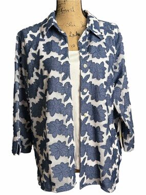 Alfred Dunner Blue & White Floral Cutout Mesh Jacket and white tank top NWT PXL